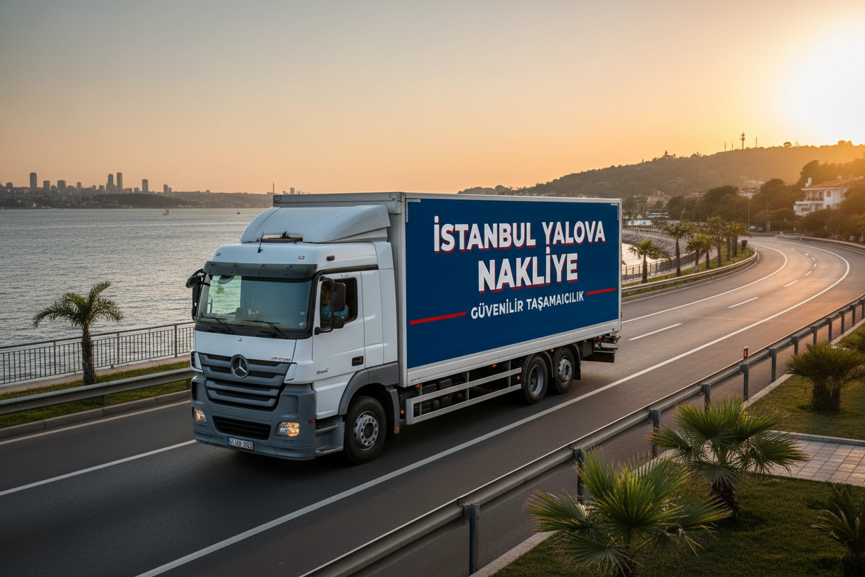 Üzerinde İstanbul Yalova Nakliye yazan beyaz bir nakliye kamyonu, gün batımında sahil kenarındaki bir yolda ilerliyor.